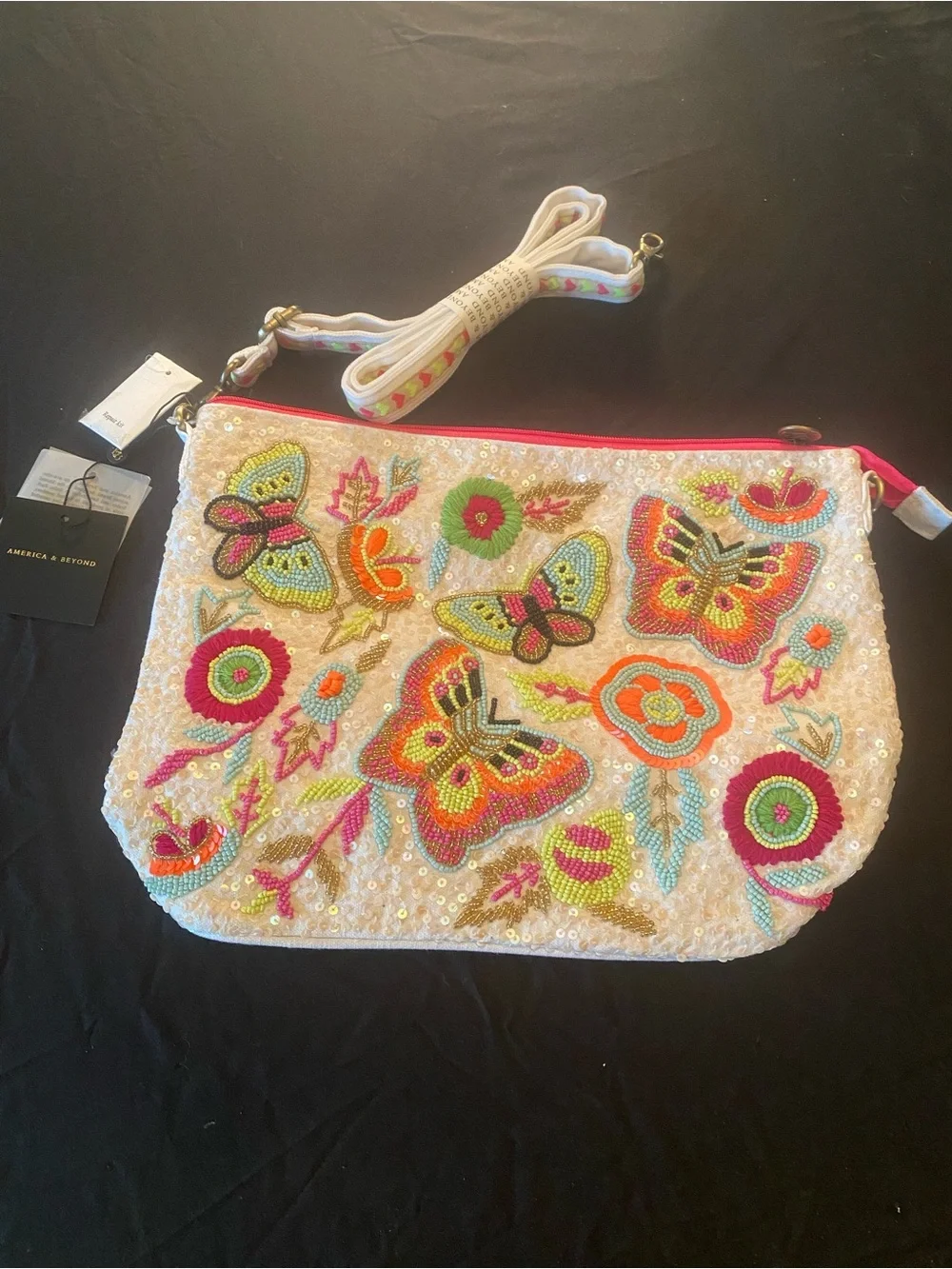 America & Beyond White Beaded Butterfly Crossbody Bag